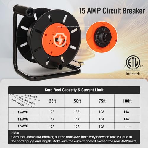 Image of SURAIELEC Extension Cord Storage Reel, 15 AMP Overload Switch, 4 Outlets, Holds 100 ft 16 /3, 14 /3 or 75ft 12 /3 Cord, Hand Crank Electric Empty Power Cord Spool, (3, Black)