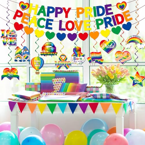 Image of Pride Decorations, Rainbow Lgbtq Decorations includes Happy Pride Banner and Rainbow Lesbian Gay Hanging Swirls for Pride Month Day Lgbtq Party