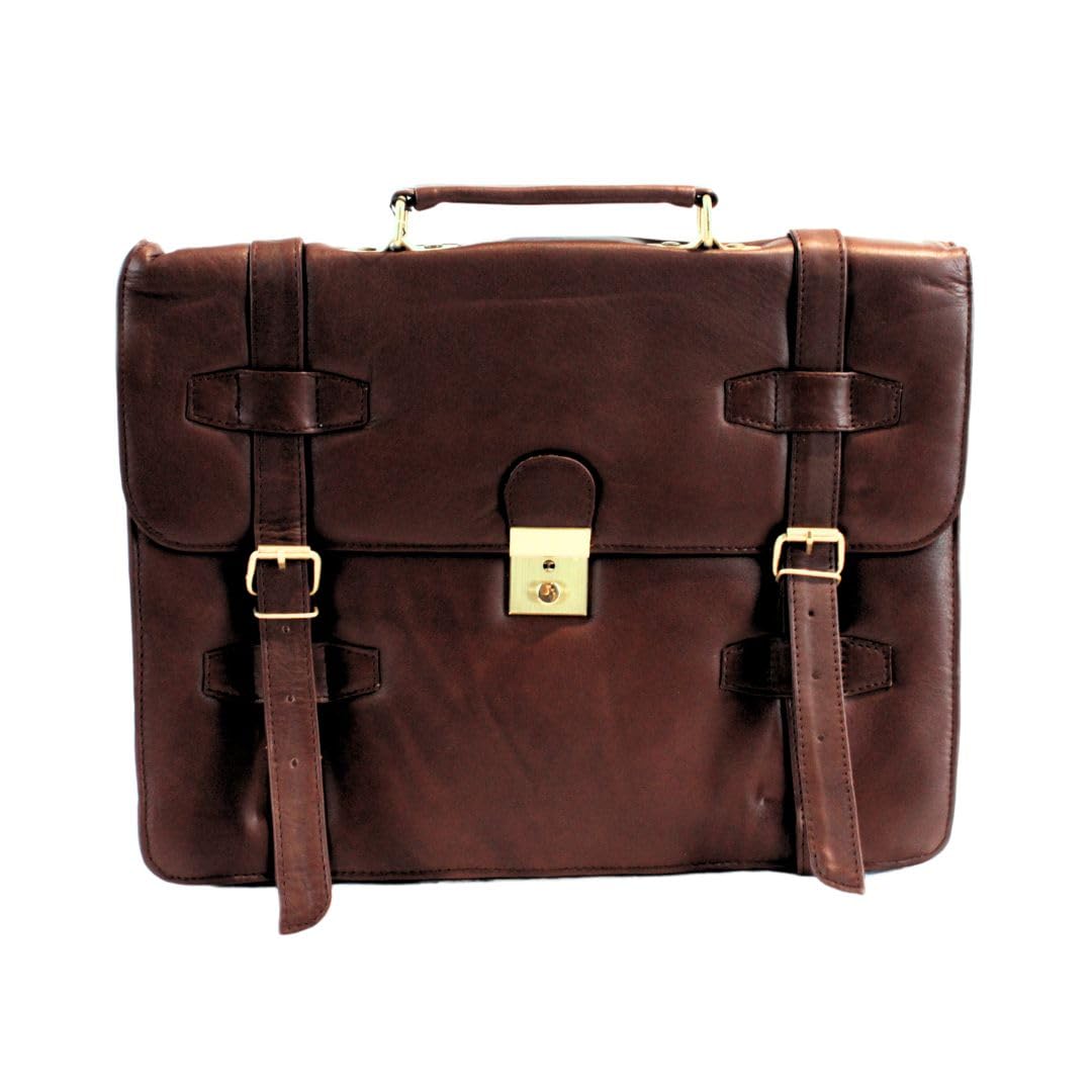 Le Sabbi Genuine Leather Briefcase – Snap Buckle Closure, Detachable Strap, 4 Compartments, Premium Design(Cognac)