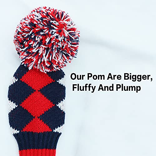 Golf Club Head Covers For Woods And Driver Fairway Hybrids Knit Set Of 3 Or 4 With Number Tag Pom Pom Clubs Headcovers For Men Women (3 Pack-Navy Blue&Red&White Argyles) #TOP2