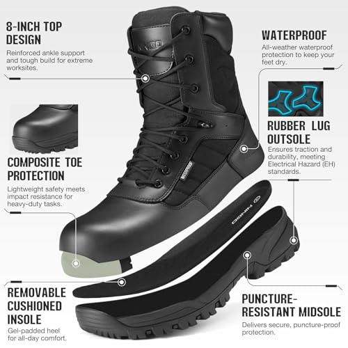 NINGO Composite Toe Boots for Men, Waterproof Work Boots with Side Zipper, Non Slip and Puncture Proof Protection, Lightweight Design, 8'' Leather Safety Shoes for Construction, Industrial, Outdoor2