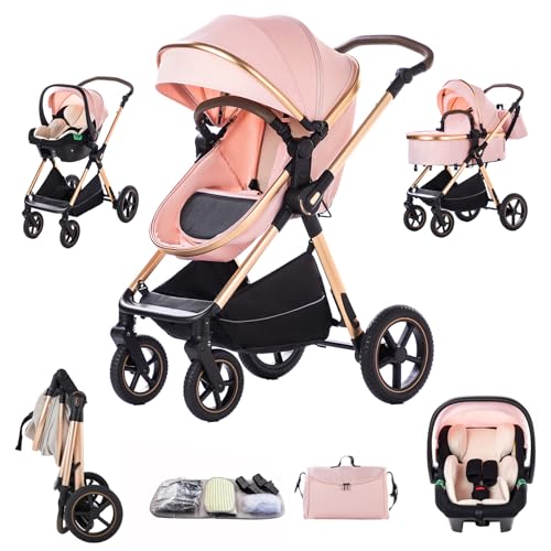 Shineey Carrito Bebe 3 en 1,Cochecito de bebé 3 en 1 Cochecitos Portátil Plegable Con,Carricoche Combinado Paisaje Alto Marco de Aluminio Para Recién Nacido (PINK, D2)