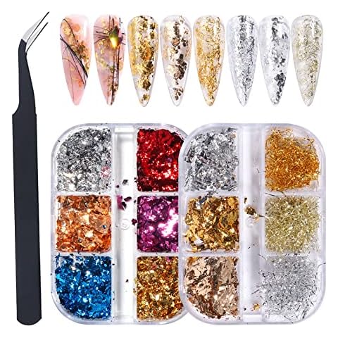 GZMAYUEN Blattgold Nailart Nagel Pailletten Glitter Goldfolie 2 Boxen Nail Gold Folien Goldene Alufolie Glitzer Flocken Cover