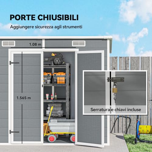 Outsunny Casetta Da Giardino Porta Attrezzi In Finitura Effetto Legno Graffiato Con Pavimento, 2.54M² Capanno Da Giardino Con Doppia Porte E Serratura, Tetto Inclinato, 238X125X183Cm, Grigio - 8