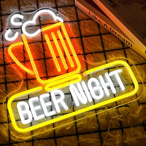Image of Beer Night Neon Sign for Man Cave Bar Decor Yellow White Beer Neon Light Bar Neon Sign Wall Art for Bedroom Beer Pub Man Cave Restaurant Party Decor