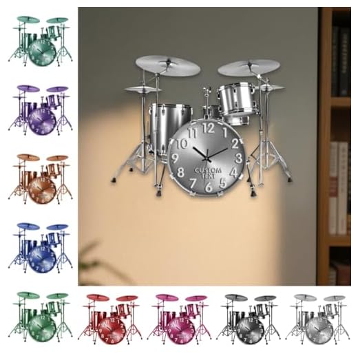 Reloj de pared de tambor con nombre personalizado, texto personalizado, diseño de instrumento musical acrílico, reloj de pared plano 2D para estudios de música, salas de estar, dormitorio, DJ