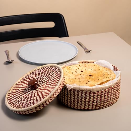 Image of Handmade Sabai Grass Box for Roti /chapati /Dry Fruits |Organiser, Storage Box | Container for Serving on Dining Table| Kitchen Decor Cum Utility| Size : 21L x 21W x 8H CM (RED)