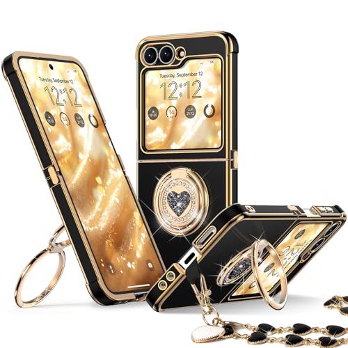 XYZ for Samsung Galaxy Z Flip 6 case with Stand,Z Flip 5 Phone Case with Double Ring & Strap,Women Girls Cute Love-Heart Luxury Bling Protective Cover Heart for Samsung Z Flip 6/5, Black