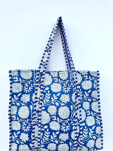 Image of Quilted Cotton Handprinted Reversible Large multicolor Floral Tote Bag,Hand Block Print Shopping Shoulder Carry Bag