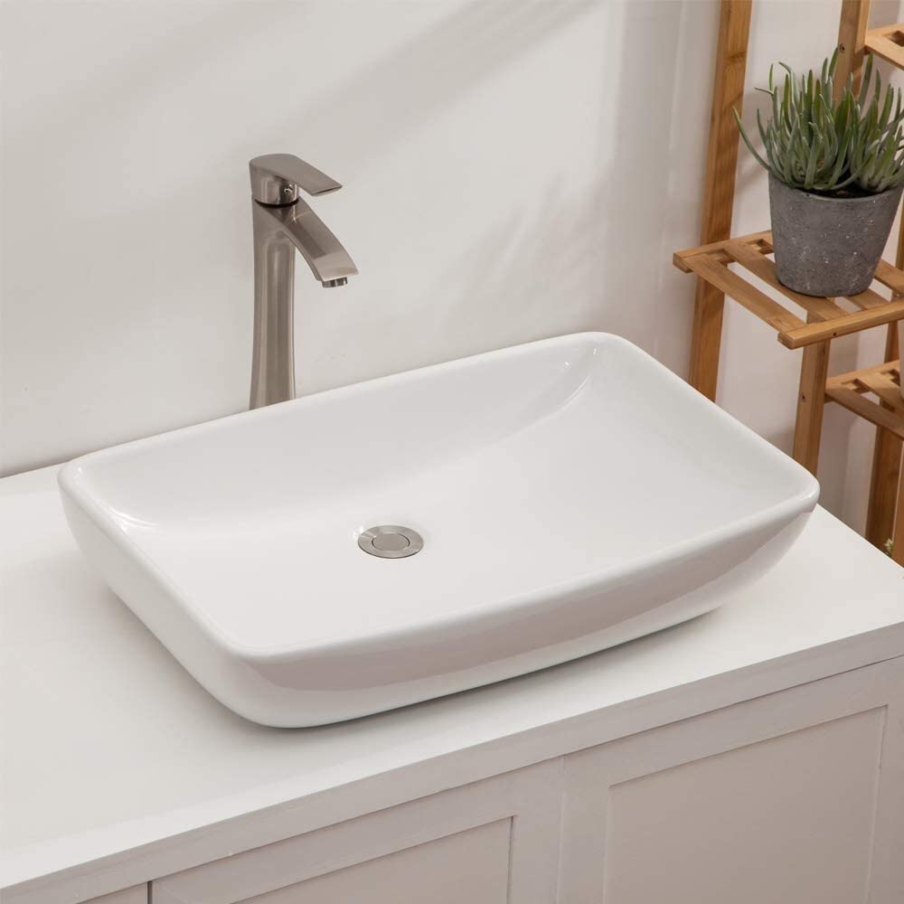 24" Oval Bathroom Sink Modern Above Counter White Porcelain Ceramic Vessel Basin Rectangle Glossy Includes Hardware