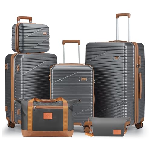 Image of NEISIA 6 Piece Hardside Luggage Set, PC+ABS Suitcase with Spinner Wheels & TSA Lock, Gray