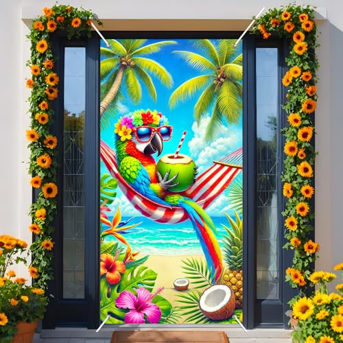 BissYard Tropical Parrot Door Cover 71 x 35 Inches Summer Beach Door Banner Hawaiian Vacation Hammock Bird Coconut Front Door Decoration Indoor Outdoor Porch Island Decor