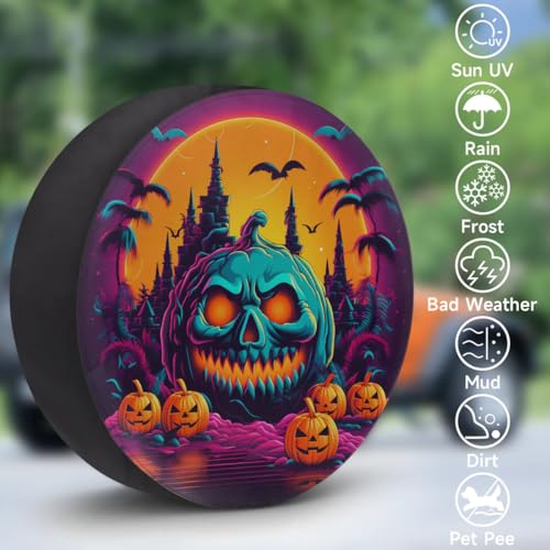 Image of Spare Tire Cover for RV Trailer, Halloween Pumpkin Tire Covers Universal Fit for Travel Trailer Camper Jeep RV SUV Truck Waterproof Wheel Cover (15 inch for Diameter 27 inch - 29 inch),A-1026