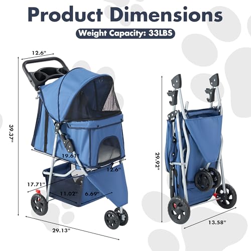 Image of Sweetcrispy 3 Wheels Pet Stroller for Small Dogs and Cats - Foldable Dog Stroller with Mesh Windows, Storage Basket & Cup Holder, Lightweight & Durable Pet Carrier for Travel, Outdoor Use, Blue