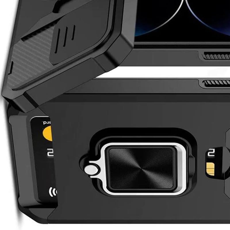 Image of LuxuryKase Shockproof Armor Case for iPhone 15 Plus | Slide Camera Cover | Hidden Card Slot | Rotating Ring Kickstand | Magnetic Car Mount Support | Military Grade Protection - Black