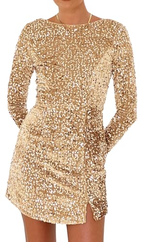 Image of R.Vivimos Women's Sequin Bodycon Dress Fall Winter Velvet Warm Long Sleeve Crew Neck Sexy Backless Glitter Slit Mini Dress