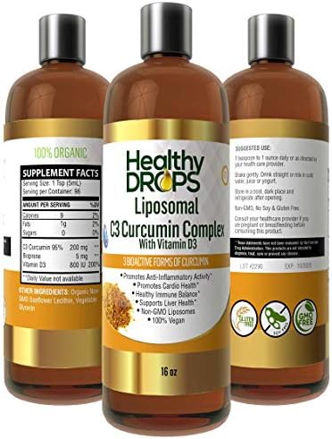 Liposomal Curcumin C-3 Complex with Bioprene and Vitamin D3 Organic Non-Soy, Non-GMO 96 Servings 16 oz - Antioxidant Supplement in a Liquid Liposomal Formulation for Over 20x Better Absorption.