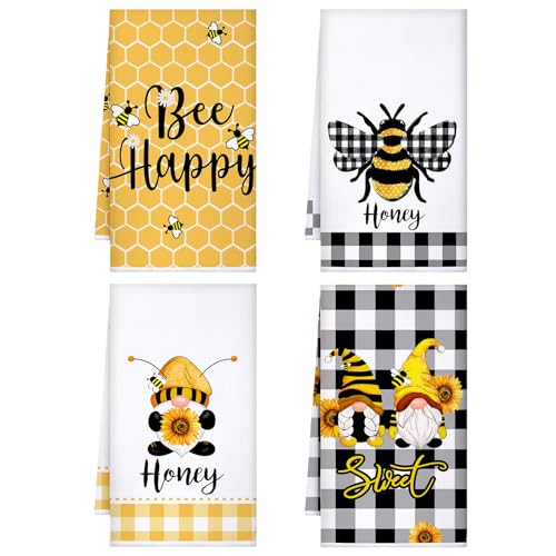 Tegeme 4 Pcs Bee Kitchen Tea Towel Honey Bee Dish Towels Honeycomb Bath Washcloth Honey Hand Polyester Absorbent Cloths Accessories for Kitchen Decor, 16 x 24 Inch(White Yellow,Gnome)