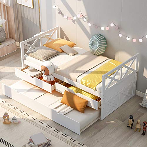 Softsea Twin Daybed With Trundle And Drawers, Solid Wood Captain's Daybed For Kids Teens (X Shaped-White) #TOP2
