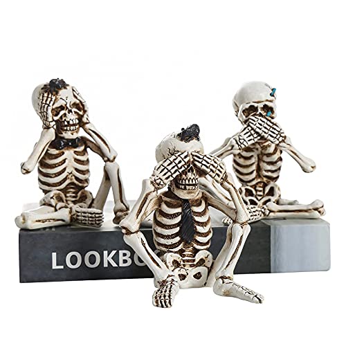 Image of Skeletons Statue Set of 3pcs Hear See Speak No Evil Realistic Skull Figurines Macabre Halloween Gothic Home Decor, Office Desk Decorations, Halloween Decorations, 5.2''