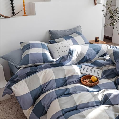 Image of Queen Comforter Set Modern Style Checkered Pattern Comforter Set Boho Farmhouse Blue White Grey Geometric Plaid Comforter with 2 Pillowcases Soft Fluffy 3 Pieces Lightweight Bedding for All Seasons