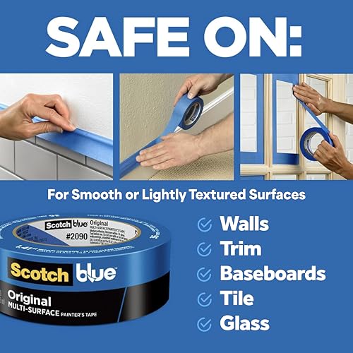 Image of 3M 2090 ScotchBlue Painters Tape, Multi-Surface Masking Tape, Medium Adhesion, Painting Wall Preparation, 0.5 inch x 60yd (Case of 48 Rolls)