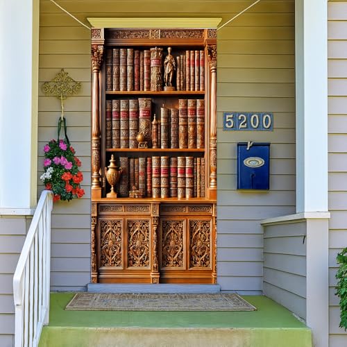 Image of Vintage Library Bookshelf Door Cover, Antique Books Faux Bookcase Door Decorations, Polyester Dark Academia Door Banner Indoor Outdoor 35.43 x 70.87 Inch