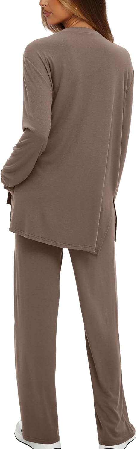 Darong Women's 2 Piece Lounge Set Casual Long Sleeve Crew Neck Tops Wide Leg Pants Travel Airport Outfit Matching Sets - Image 2