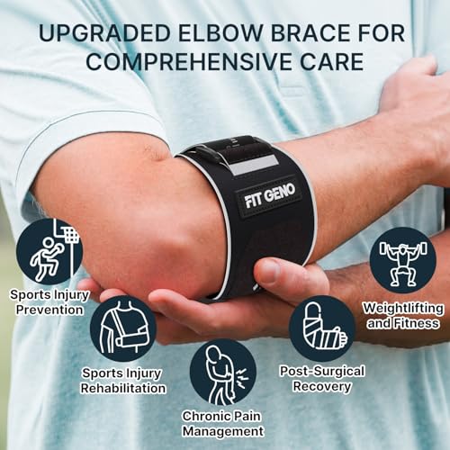 Fit Geno Elbow Brace for Tennis & Golfer's Elbow: Adjustable Strap for Pain Relief - Support for Men and Women (10''-15.5'', 1 Pack)