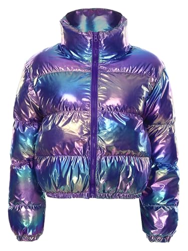 RUNQHUI Damen Glänzend Daunen Baumwolle Jacken Winter Verdicken Warm Metallic Glanz Puffer Parker Mantel Kurz Oberbekleidung Blau M