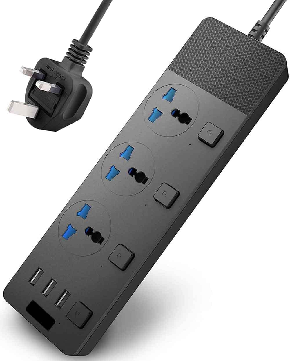 BEONE Extension Lead Cord, 2 Meter Power Strip Plug Adapter with 3 Way Power Extension Cord 3 USB Ports Cable Surge Protector (T11,Black)