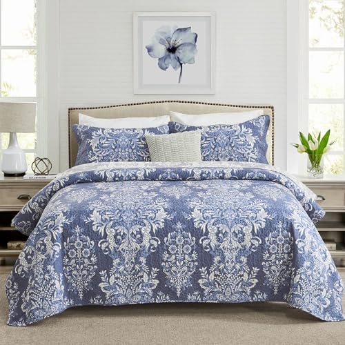 KALOOLA 100% Cotton King Size Quilt Set - Lightweight Vintage Quilted Bedspread with 2 Pillowshams,...