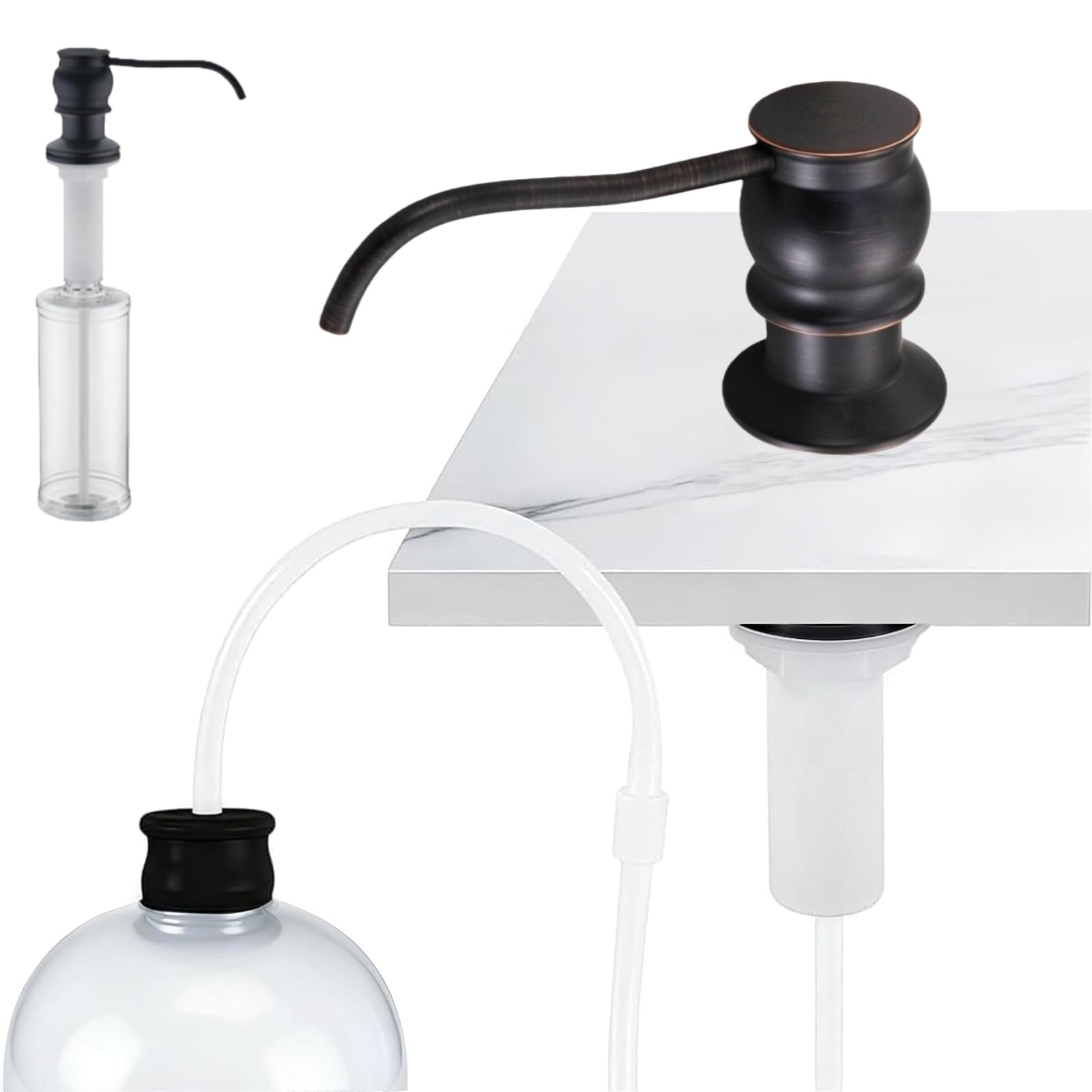 Brass Kitchen Soap Dispenser, Oil Rubbed Bronze in Sink Liquid Dish Soap Dispenser, Under Sink Hand Metal Dispenser Pump, 47.2" Silicone Long Tube for 0.79 "- 1.38" Bottle Mouths