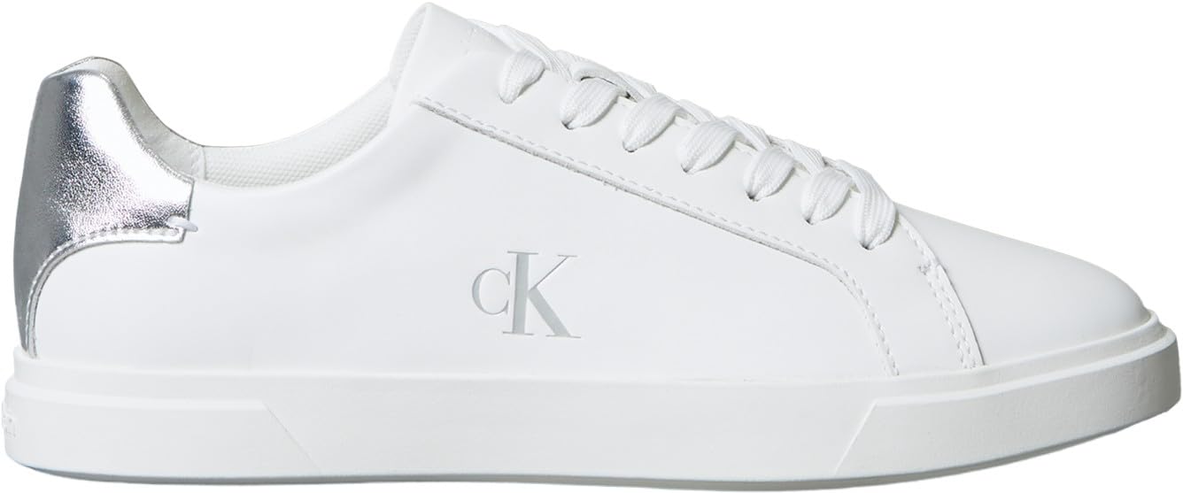 Calvin Klein Women's Low PRO Cups Laceup LTH MET HW0HW02846 Low Top, White (Bright White/Silver), 4