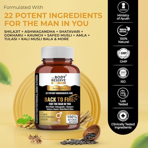 Image of The Body Reserve Ayurveda Back To Fire Capsules For Men With 22 Ayurvedic Herbs Blend for Stamina, Strength & Vitality With Ashwagandha, Shilajit, Safed Musli, Gokshura & More 60 Vegetarian Capsules