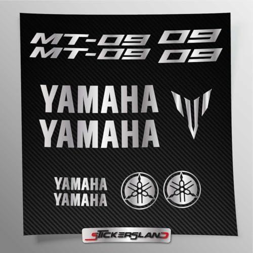 Aufkleber-Set kompatibel mit Tank und Motorradhelm, vorgeschnittenes Vinyl, einfache Anbringung, Schriftzug Logos, Stickersland® – MT-09 (Silber Metallic, matt)