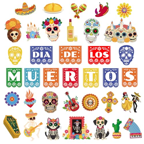 HEYINSHEN 37 Pcs Day of The Dead Decorations Dia De Los Muertos Cutouts Decor Sugar Skull Cutout Halloween Decorations for Classroom Bulletin Board Wall Decor Mexican Fiesta Party Supplies