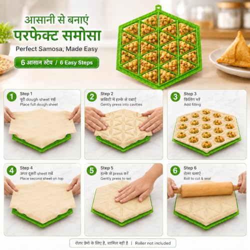 Image of Samosa Maker Mould, 24 Cavity Samosa Tray, ABS Plastic - Green | Sealing dots, ABS plastic body, makes 24 samosas at once; keep filling away from edges for better sealing, Made in India