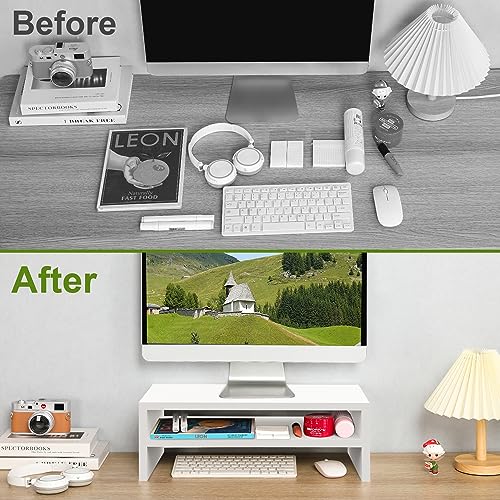 Image of TEAMIX 20 inch White Monitor Riser Stand - 2 Tiers, Wood Desktop Bookshelf | Laptop /PC /Printer /Keyboard Storage, Ergonomic Design, 15mm thick Sturdy Wood Boards, TV Stand, Home Office Desk Accessories