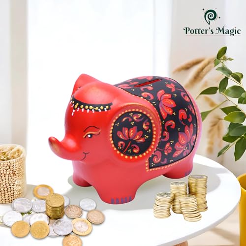 Image of Potter's Magic Ceramic Hand Painted Elephant Piggy Bank with Lock | Modern Lucky Money Bank | Piggy Bank for Womens | Mitti ka Gullak | Kiddy Bank for Boys & Girls (Without Glaze) (Red)