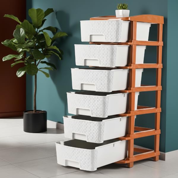 Image of KITCHIVO Plastic Modular Drawer Storage Chest Of Drawers Organizer Storage Box, Large Stomo Racks For Multipurpose Anti-slip Shoes Organizers (White & Golden, 6 Layer)