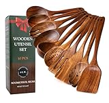 Wooden Spoons for Cooking - 10 Pcs Teak Wood Cookware Utensil Set with Smooth Finish - Non-Stick, Comfortable Grip - Durable, Heat Resistant Kitchen Utensils