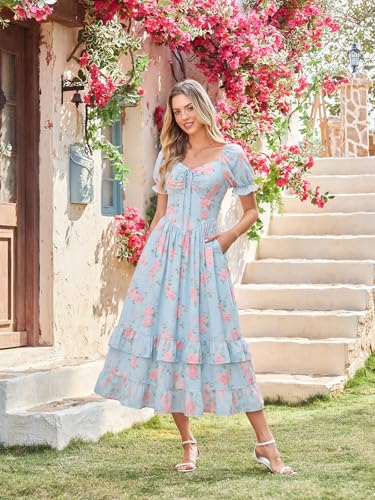 Image of Scarlet Darkness Women Floral Maxi Dress Puff Sleeve Tea Party Corset Dress | Pockets, Ruched Bust, Ruffled Hem, for Cottagecore Fairy Milkmaid Vacation