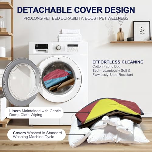 Image of Cotton Canvas Dog Bed, Cute Dog Bed Medium Size Dog, Puppy Bed with Washable Removable Cover, Durable 290 GSM Cotton Anti-Chewing Pet Bed with Anti-Slip Bottom (30 inchx25 inchx10 inch, Red&Yellow&Green)
