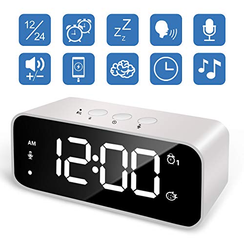 Gaoni Reloj Despertador Recargables, Reloj de cabecera Digital LED con función de grabación, 8 Sonidos de Alarma, Alarma Dual, USB, repetición, Volumen y Brillo Ajustables, Almacenamiento de energía