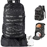 TRAILKICKER Basketball Bag Backpack with Ball Holder Multi-Sport Backpack for Soccer Volleyball Football Baseball Helmet (Black Camo)