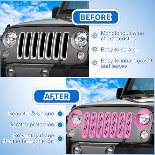 Image of Nilight Grill Inserts fit for Jeep Wrangler Front Grille Mesh Inserts & Headlight Cover Set for JK JKU Unlimited Sports Sahara Freedom Rubicon 2007-2018 Clip-in Trim Exterior Accessories Pink 9 Pcs