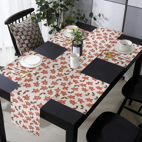 Image of Dining Table Mats Set of 4 with 135 cm Runner - Gingerbread Man Theme,Digital Print, Washable, Indoor /Outdoor, Heat-Proof, Wipe & Clean (47X33 cm) Cream & Brown