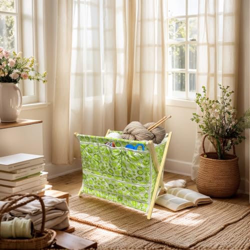 Image of Yarn and Needles Large Size Yarn Storage Organizer for Yarn Skeins,Crochet Organizer for Crochet Hooks Knitting Needles,100% Quilted Cotton with Fold-up Wooden Frame