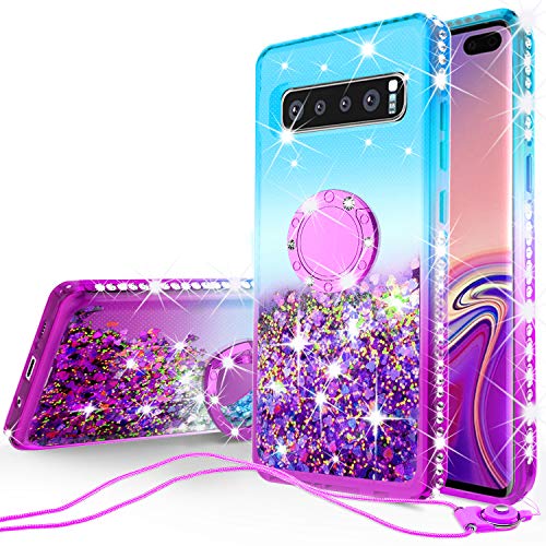 Galaxy S10 Plus Case Ring Liquid Glitter Kickstand Shock Proof Phone Case Waterfall Quicksand Bling Cute Protective Girls Women Cover Compatible for Samsung Galaxy S10 Plus/S10+ Cases - Teal/Purple